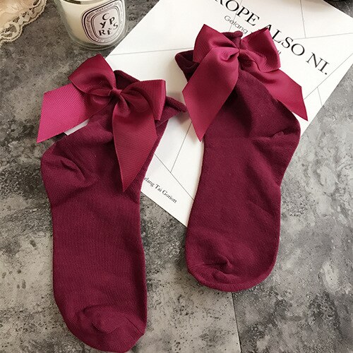 Winter Autumn Spring Sweet Curl Cotton After The Heel Ribbon Big Bow Short Socks Wild Chaussette Female Herring Ankle Socks: Bow Socks wine red