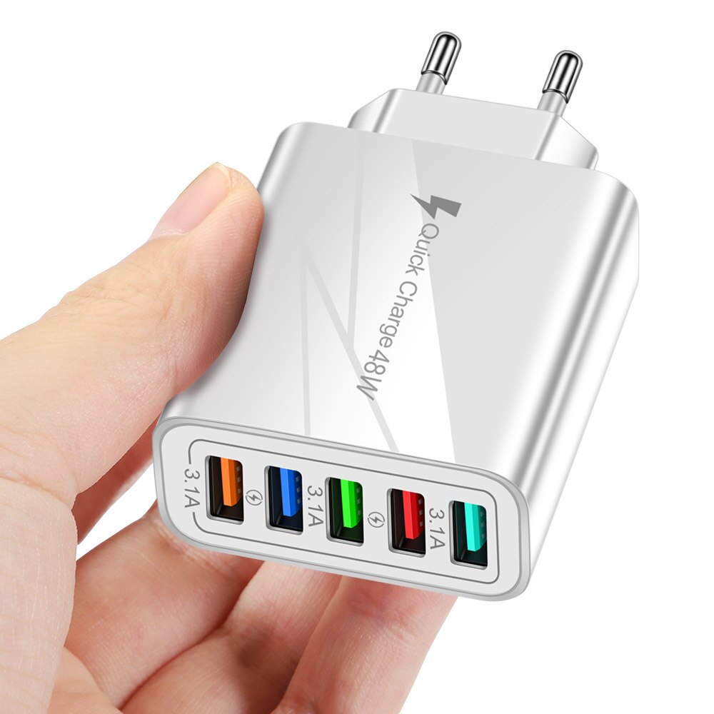 48W 5 USB Fast Phone Charger Quick Charge 3.0 Wall Mobile Phone Adapter for iPhone iPad Xiaomi Samsung Tablet QC 3.0 USB Charger: White EU