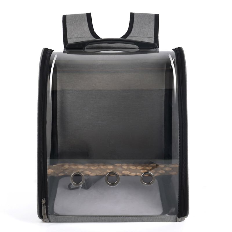 Mochila transpirable para pajaros y loros, bolsa ligera de viaje al aire libre para mascotas, soporte de cinturón lateral duro con taza de comida y pájaros: Grey1