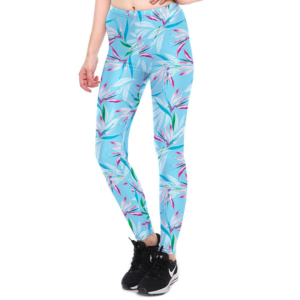 JIGERJOGER Canna floral lake Blue leaves digital printing leggings sports Playsuit Fitness Leggings Pants Running Bottoms