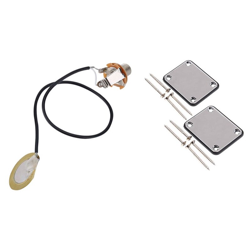 1X Acoustic Guitar Transducer Pre-Wired Amplifier Piezo Jack Pickup &amp; 2 Pcs Guitar Metal Neck Plates With Plastic Mat: Default Title