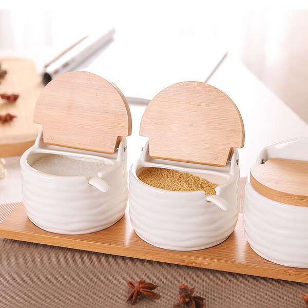 Sucrier, sucrier en céramique avec cuillère à sucre et couvercle en bambou pour la maison et la cuisine moderne, blanc, 8.58 FLOZ (254 ML)
