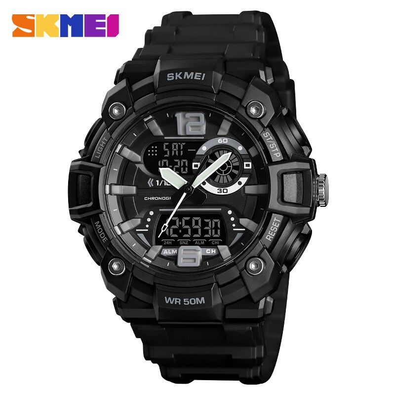 SKMEI-montre numérique de Sport pour hommes, double affichage, étanche, lumineuse 3 fois, multifonction, 1529: Black