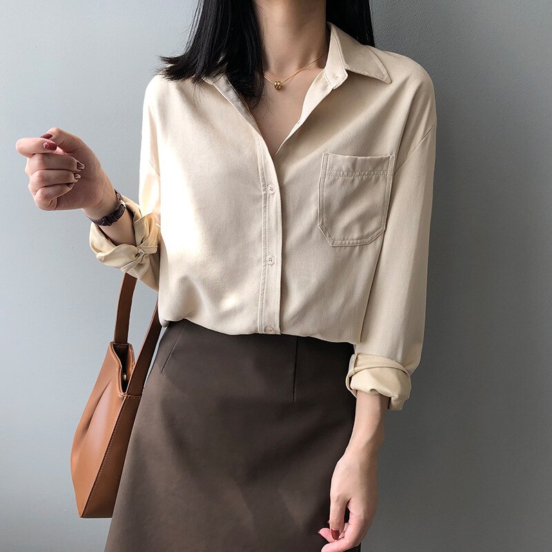 Blusa de estilo Retro con manga larga para verano, Camisa lisa con solapa y luz para mujer,