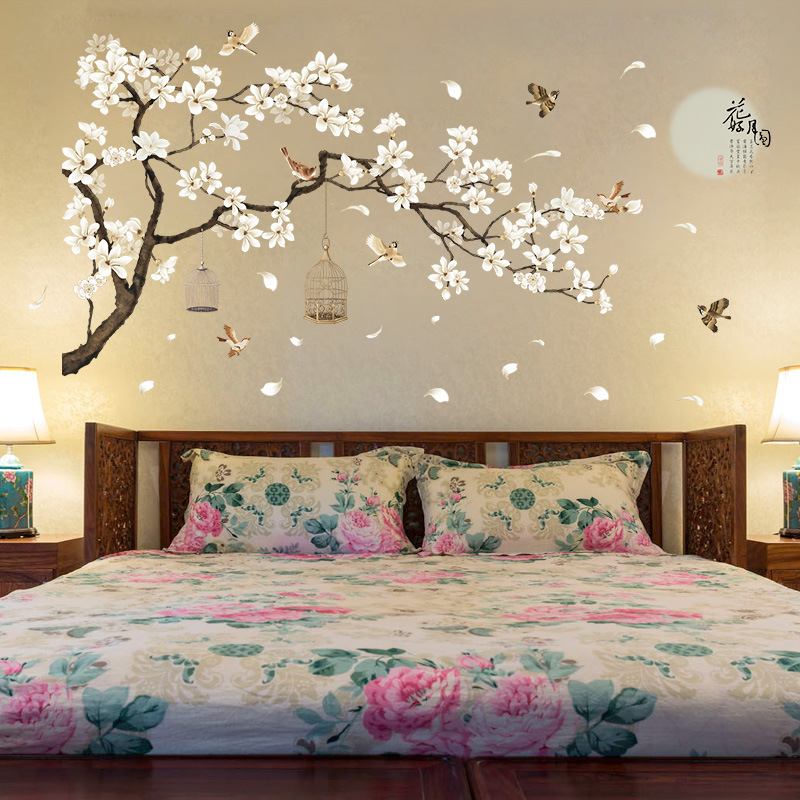 Pegatinas de pared de árbol de 187X128cm, papel tapiz de decoración para el hogar con flores y pájaros, para sala de est