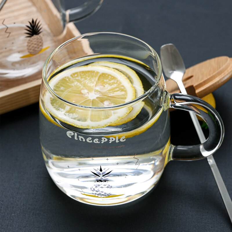 Cute Pastoral Style Glass Cups with Milk Breakfast Mug Office Flower Tea Cup Cold Drink Juice Mug: English jin pineappl