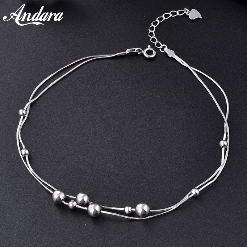 Bracelet de cheville en argent Sterling 925 véritable, chaîne à perles rondes, Double amour, bijoux fins pour femmes,