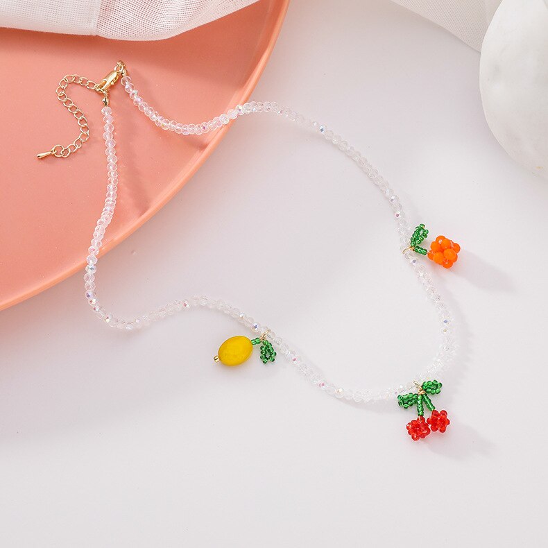 HangZhi Korean Summer Sweet Red Cherry Pineapple Fruits Colorful Beaded Choker Necklace for Women Jewelry: H