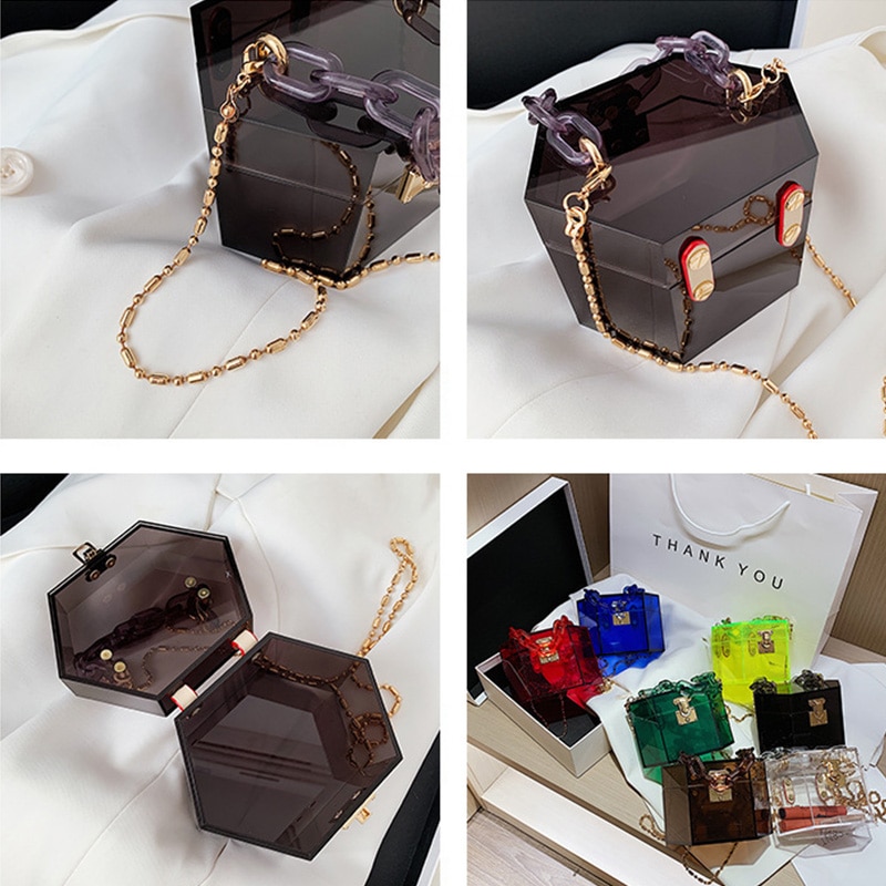 Acrylic Chain Transparent Box Jelly Bag Individual Hexagon Clear PVC Women Handbags Mini Evening Crossbody Tote Bags