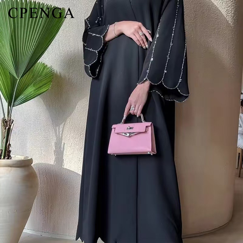 Naher Osten bescheidenes Kleid mit Perlenärmeln für muslimische Frauen Ramadan Dubai Schwarz Abaya Islam Party Jalabiya Outfit Türkei Robe