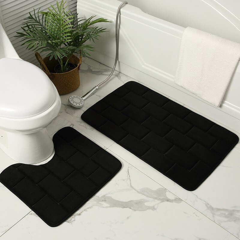 2 Piece Set Bath Floor Mat Absorbent Non-Slip Shower Room Door Mats Toilet Floor Mat Washable and Absorbent Soft Bathroom Rug: Black