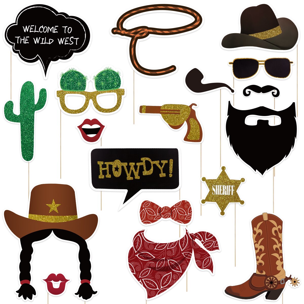 Tinksky 18Pcs West Cowboy Photo Booth Accessoire Met Bamboe Sticks Funny Party Decoratie Benodigdheden
