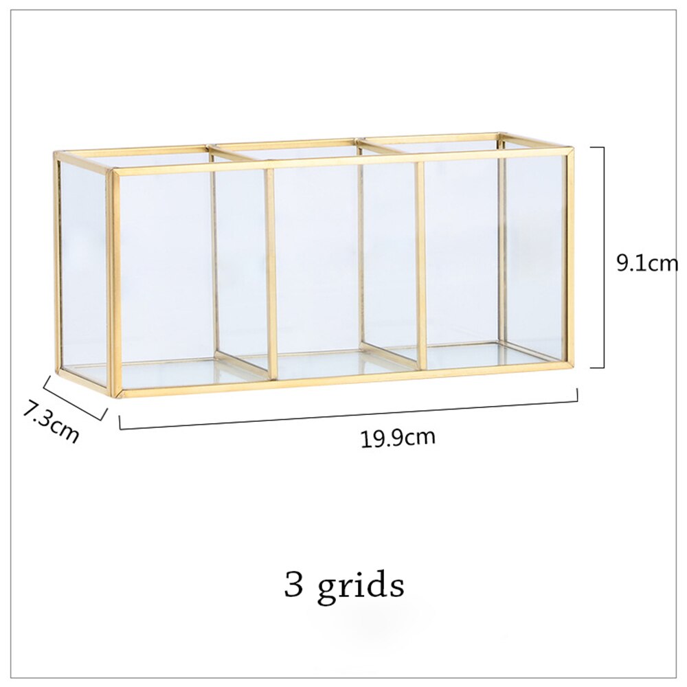 Caja de almacenaje para maquillaje Vintage, joyero de mesa de cristal dorado, clasificación decorativa, organizador cosmético, soporte para brochas de maquillaje: 3 grids