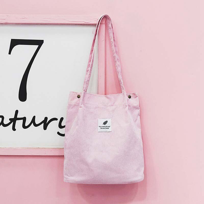 Herald femmes velours côtelé sac à provisions solide toile femme sac à bandoulière environnement stockage sac à main réutilisable fourre-tout sacs: Rose