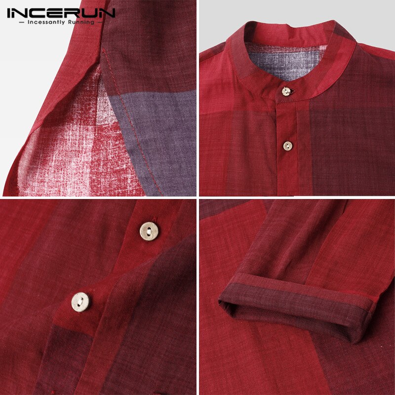 Incerun Moslim Mannen Islamitische Kaftan Lange Mouwen Stand Kraag Katoen Plaid Vintage Casual Robes Streetwear Caftan Mannen Jubba Thobe