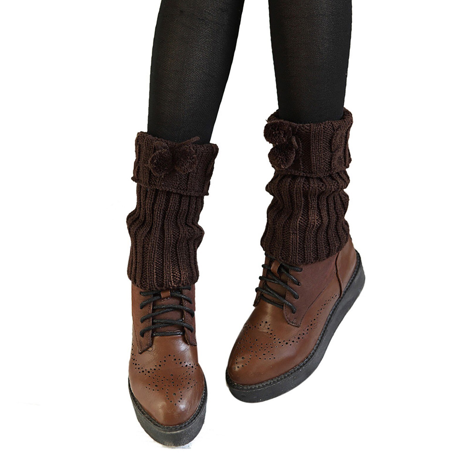 Calentador de piernas para mujer, 1 par, cálido, hasta la rodilla, punto giratorio, Bola de Pelo, ganchillo, calcetines, calentadores de bota: Coffee