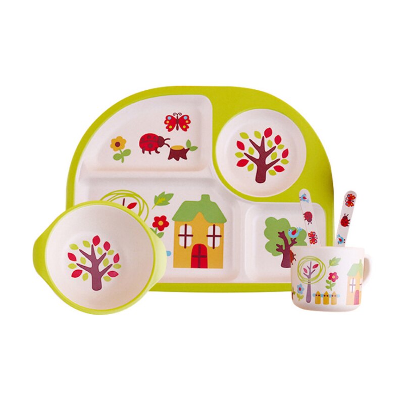 5 unids/set de vajilla de comida de dibujos animados para niños, plato de comida para niños, platos de alimentación para bebés y niños, tazón de entrenamiento, cuchara, tenedor: Green