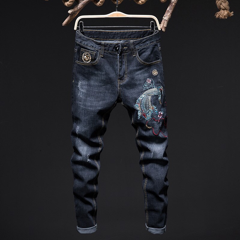 Pantalones vaqueros rasgados para hombre, jeans ajustados con bordado de carpa, ropa de calle, elásticos, ajustados, para motocicleta: 33