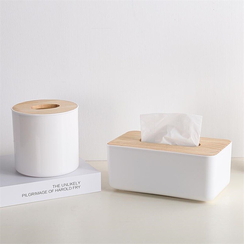 Boîte à Mouchoirs Rectangulaire Plastique + Couvercle Bambou - Gris - 21,5 X 12 X 8,5 Cm - Distributeur Tissus Élégant