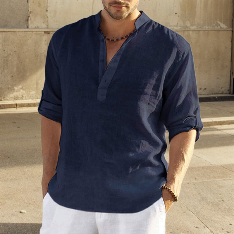 2024 lässig Bluse verlieren Baumwolle Leinen Männer Hemd Stehen Kragen Reine Lange Hülse T-Shirt Hübsche Passende oben Kleidung