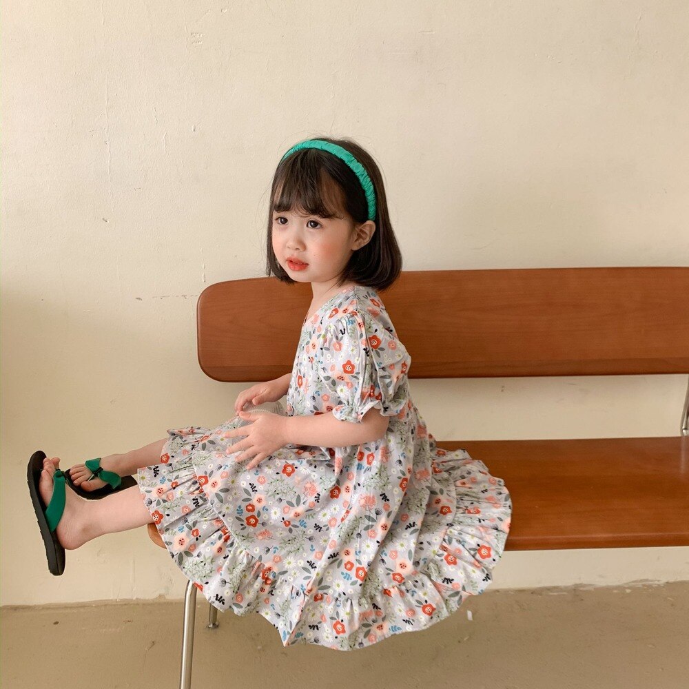 Abiti da bambina a maniche corte in cotone con stampa floreale carina per bambina 2-6Y