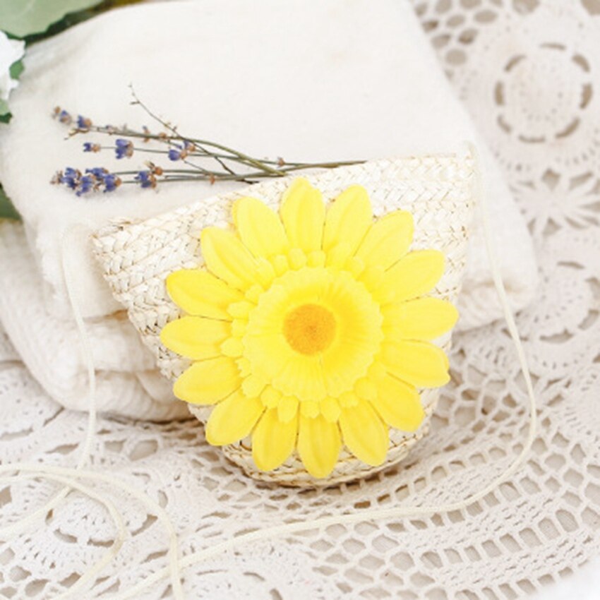 Bolsa de ombro estilo étnico, mini bolsa mensageiro de palha flor adorável, bolsa chaveiro de tricô, bolsa infantil, lazer, praia