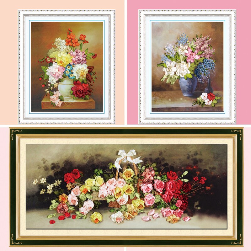 DIY Borduurwerk Kit, Lint Borduren, Naaien handwerken, Kruissteek, 3D Canvas Schilderij, Bloem, rose, Woonkamer Decor
