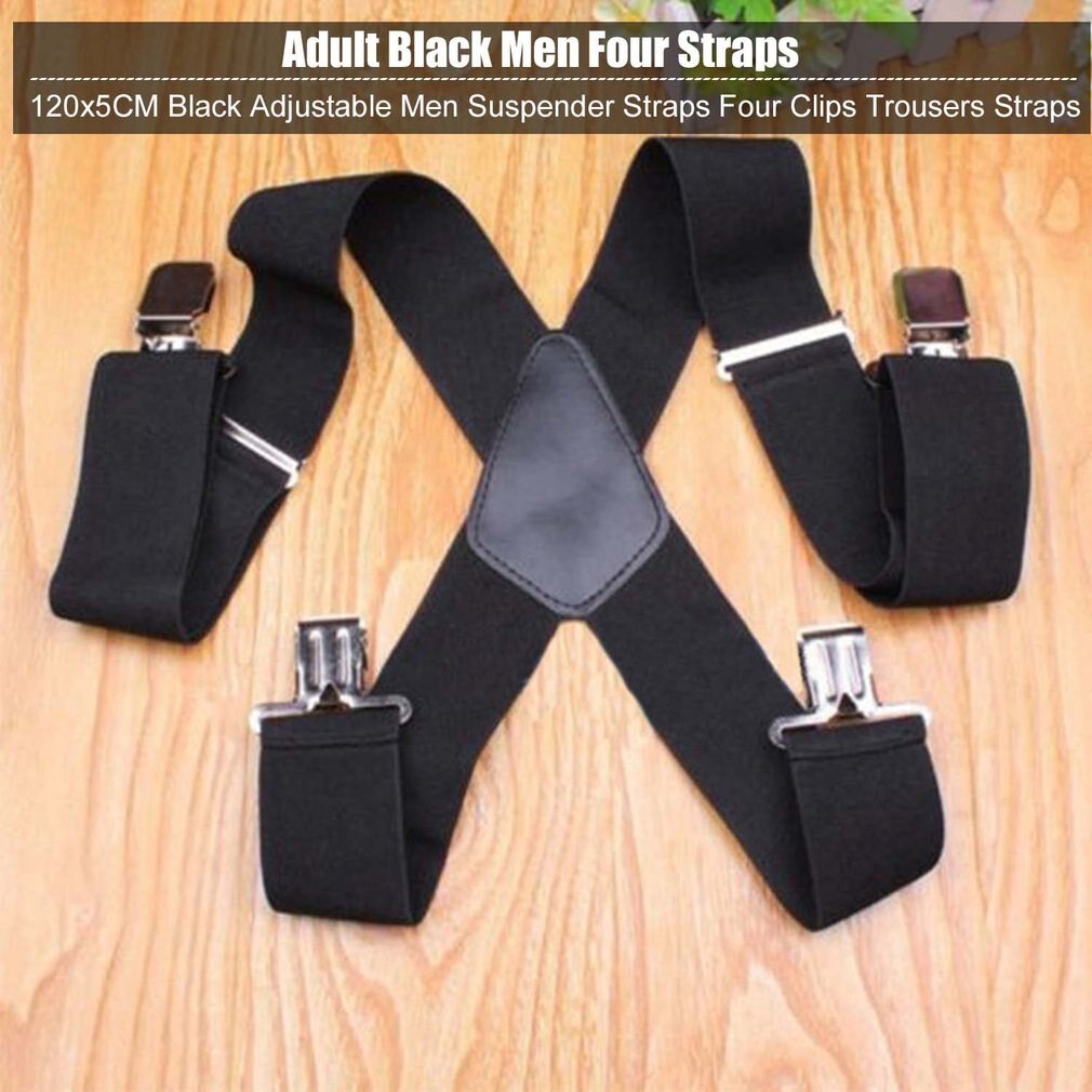 120x5CM Black Men Suspender Straps Four Clips Adults Extended Elastic Trousers Straps Adjustable Business Suspender