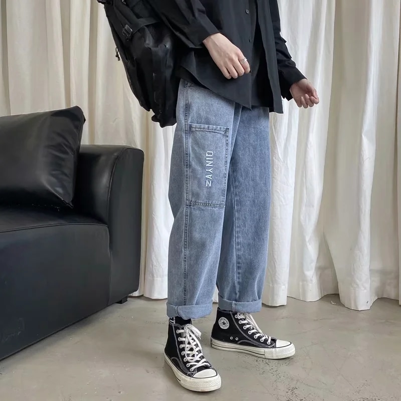 Homme jean pantalon jambe droite jeune élastique cordon ceinture jeune shalwar garçon décontracté pantalons large jambe baggy pantalon bleu: blue / S