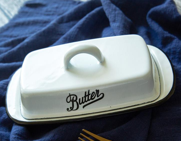 Retro nostalgisk emalje med låg snackbakke hjem køkken bordservice smøræske ost opbevaringsboks: Smørkasse a