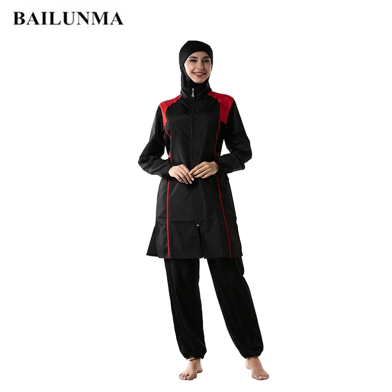 BAILUNMA Women Burkinis Muslim Swimwear Trousers Hooded Swimsuit Hijab Three-piece Sport Islamic Beachwear M015