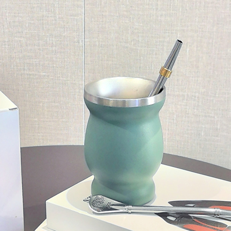 1 Set Yerba Mate Cup 304 Roestvrij Staal Dubbelwandige 8 Oz Yerba Mate Kalebas Cup Met Stro Lepel En Reinigingsborstel theewaar Sets: Deep Blue