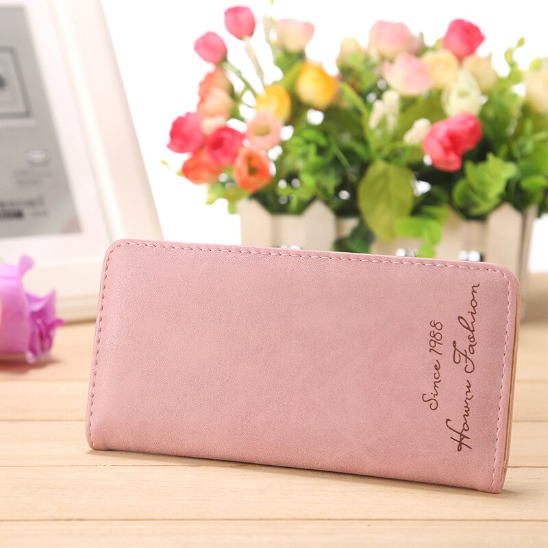 PU Leather Long Colorful Ladies Wallet Clip Thin Two Fold Women Slim Purse Letter Decoration Card Case: Pink