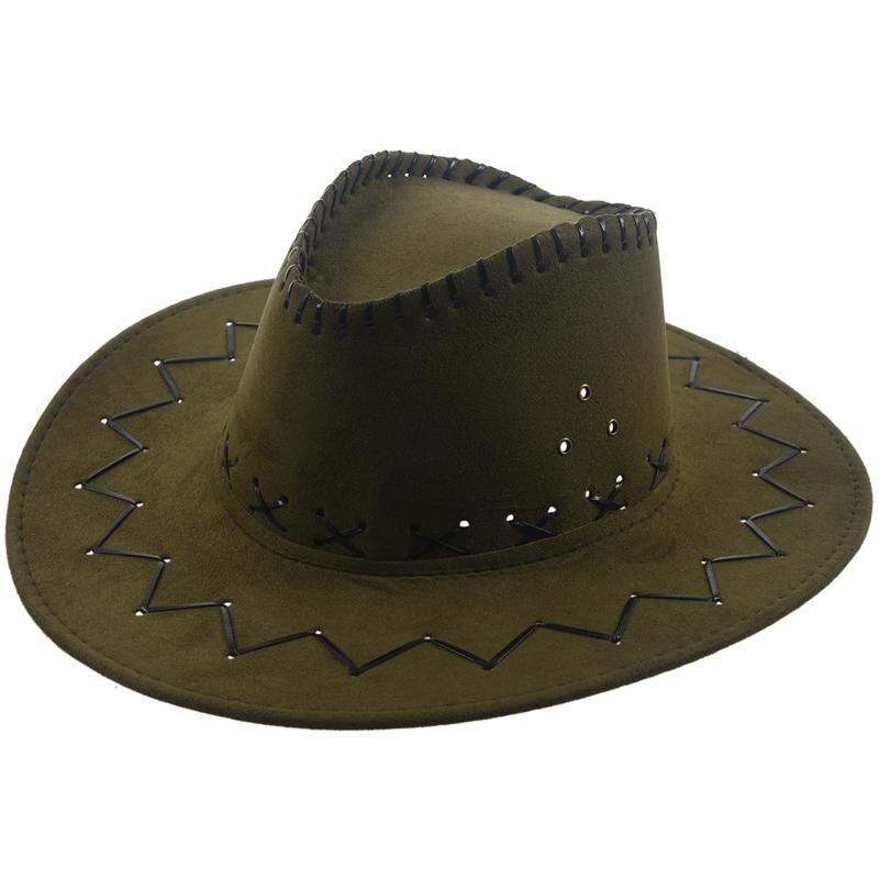 Adjustable Chin Strap Faux Leather Cowboy Hat Army Green for Man: Default Title