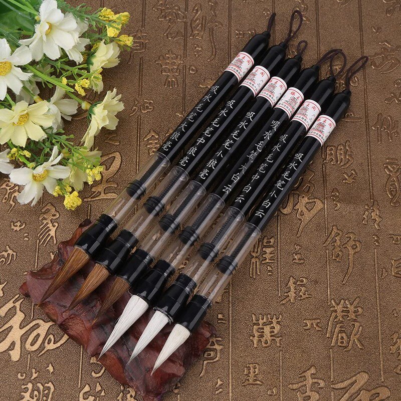 6 Stck Kolben Wasser Pinsel Chinesische Japanische Kalligraphie Stift Einstellbar Kolben (S + M + L), weiß und Braun Pinsel Kopf Stift