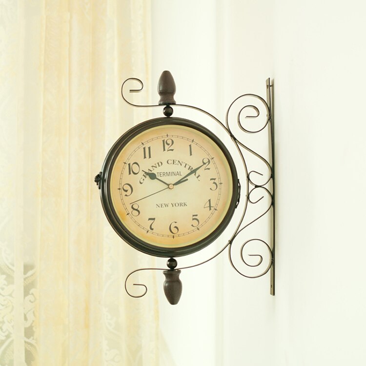 Vintage decorativo con doble cara, reloj de pared de Metal, estación de estilo antiguo, reloj de pared, reloj colgante de pared