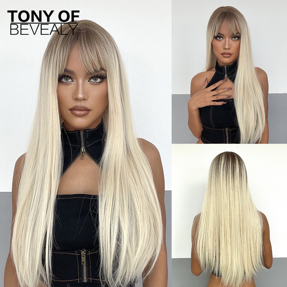 HAIRCUBE Brown Highlight Synthetic Wigs Long Straight Wigs With Bangs for Women Natural Hair Cosplay Heat Resistant Fiber Wigs