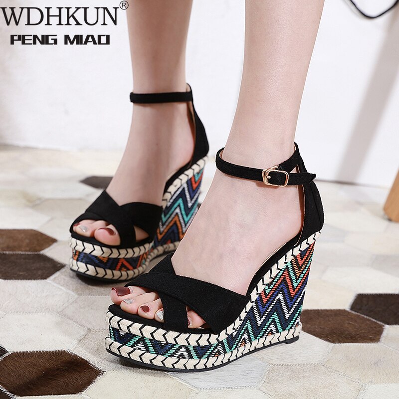 12cm High Heels Platform Wedges Shoes Black High Heels with Cross Straps Ladies Platform Shoes Gladiator Sandals Chunky Heels