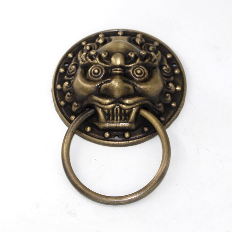 Timbre de puerta antiguo chino Dia 9,8 cm antiguo de cobre puro León cabeza puerta manija Puerta de cajón tirador de puerta Puerta de puerta manija de la puerta