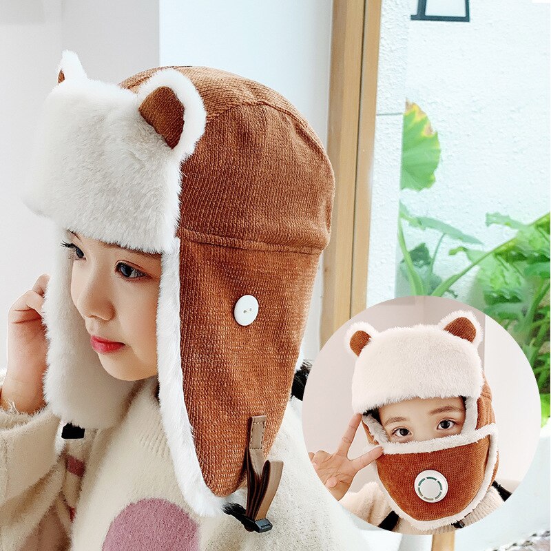 HT3382 Warm Russian Hat Kids Cute Ears Earflap Cap Boys Girls Winter Hats with Mask Children Windproof Russian Cap Bomber Hat
