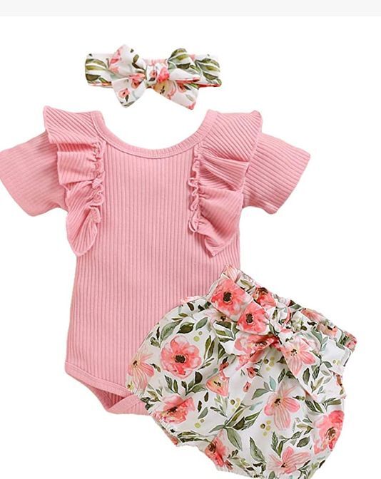 0-24M Zomer Pasgeboren Baby Meisjes Korte Sleeveround Kraag Romper + Zoete Bloemen Printing Shorts + Boog Hoofddeksels set: B / 12m