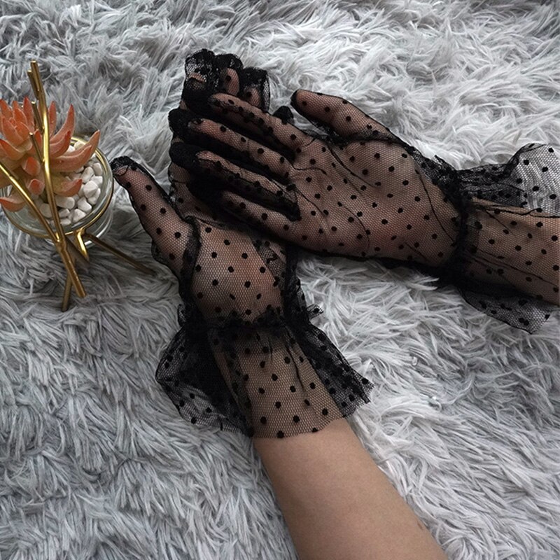 Gants en Tulle pour femmes, 1 paire, transparents, courts, imprimés à pois, noirs, blancs, en maille, pour soirée en Club, robe de danse,