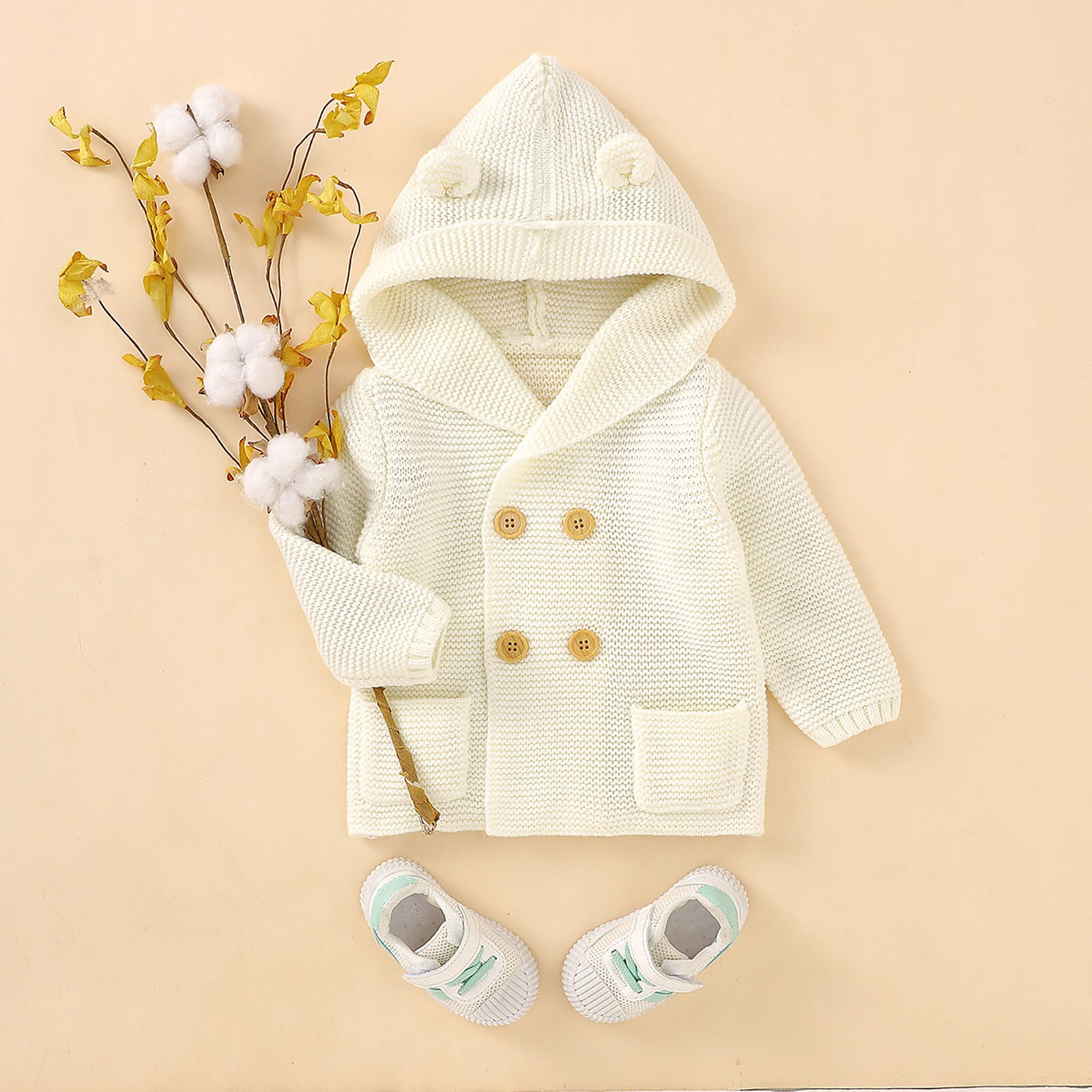 Manteau pour bébés garçons et filles, vêtements d'hiver à la , couleur unie, capuche tricotée, Double boutonnage boutonné, hauts chauds pour enfants