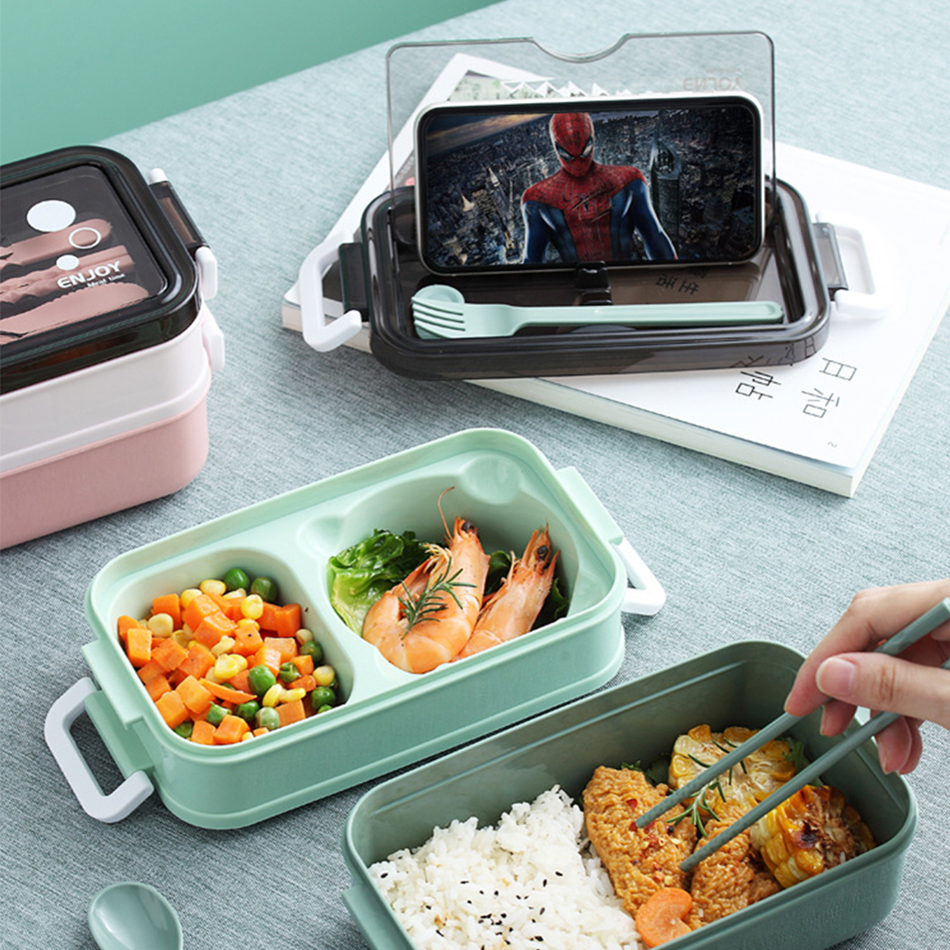 Double Layer Lunch Box Bento Box With Soup Bowl Leak-Proof Bento Box Dinnerware Set Microwave Adult Kids Office Food Storage Box