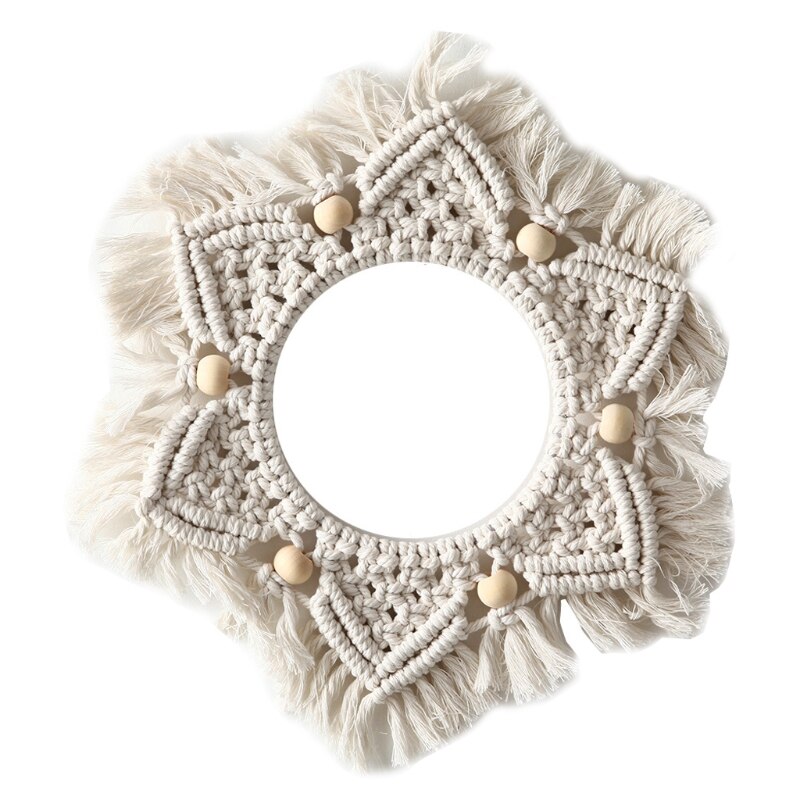 Marco de espejo de pared con borlas tejido a mano, tapiz de macramé bohemio, decoración colgante de pared redonda hueca para el hogar, decoración de habitación de niños: 103E