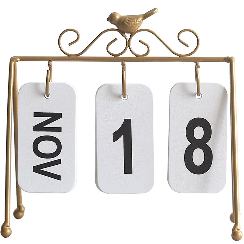 Personlighed diy fugl smedejern flip kalender boligindretning skrivebord dekoration kalender: Guld og hvid
