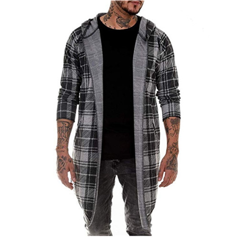 Herre hettegenser rutete skrive ut grøft uformelt cardigan jakke jakke langermet mannlig yttertøy høst vinter slank passe lang frakk streetwear