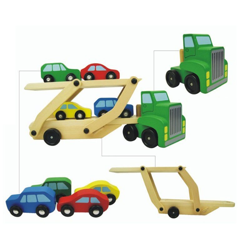 Nuovi giocattoli per ragazzi in legno Double Transporter Drag Toy Model + Four Car Model Toys regali divertenti per bambini