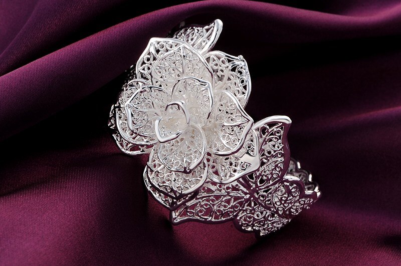 925 Sterling Zilver Fijne Grote Bloem Brede Bangle Armbanden Voor Vrouwen Verstelbare Sieraden Wedding Party
