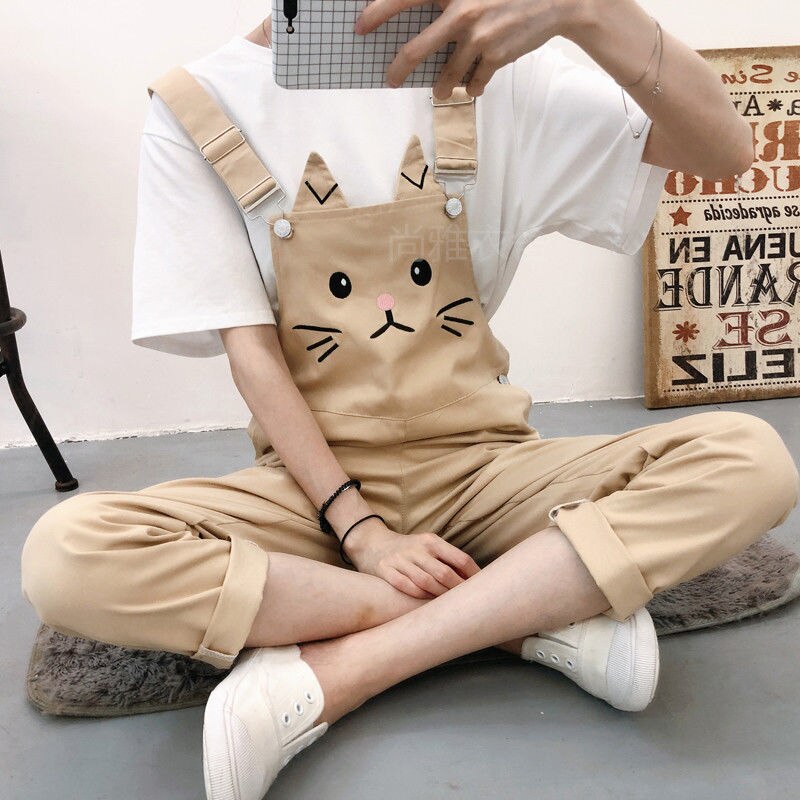 Jumpsuits dam kawaii tecknad lös overall slouchy byxor student daglig chic fritid oversize matchande söt dam: Kaki / M